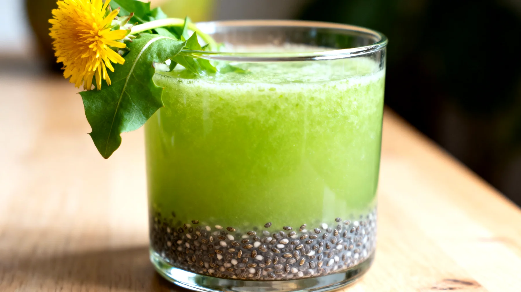 Acqua di cocco verde con semi di chia e foglie di tarassaco"