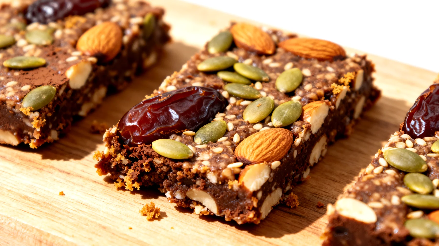 Barrette energetiche fatte in casa con datteri, mandorle, semi di zucca e cacao crudo"
