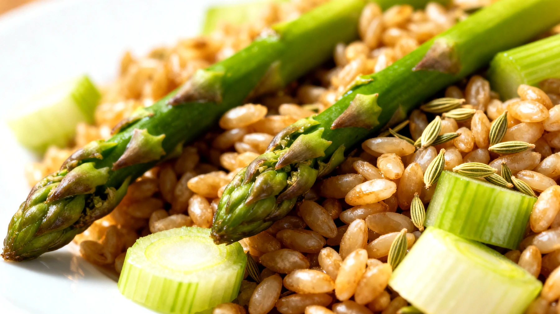 Insalata di farro con asparagi, sedano e semi di finocchio"