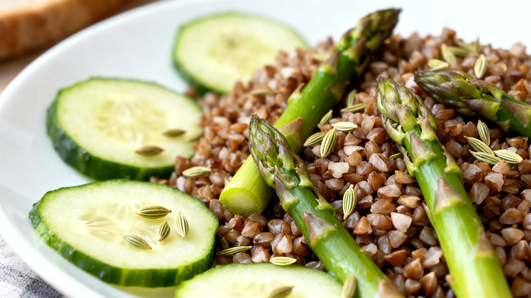 Insalata di grano saraceno con asparagi, cetrioli e semi di finocchio"