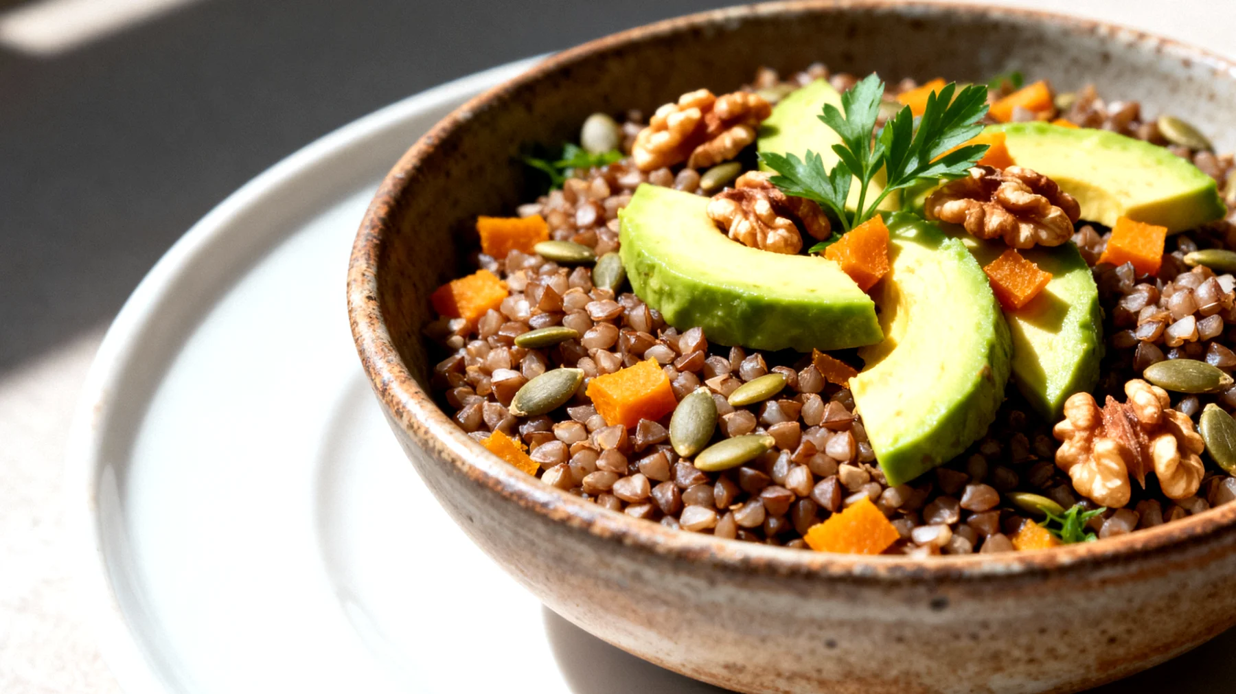 Insalata di grano saraceno con noci, avocado e semi di zucca"