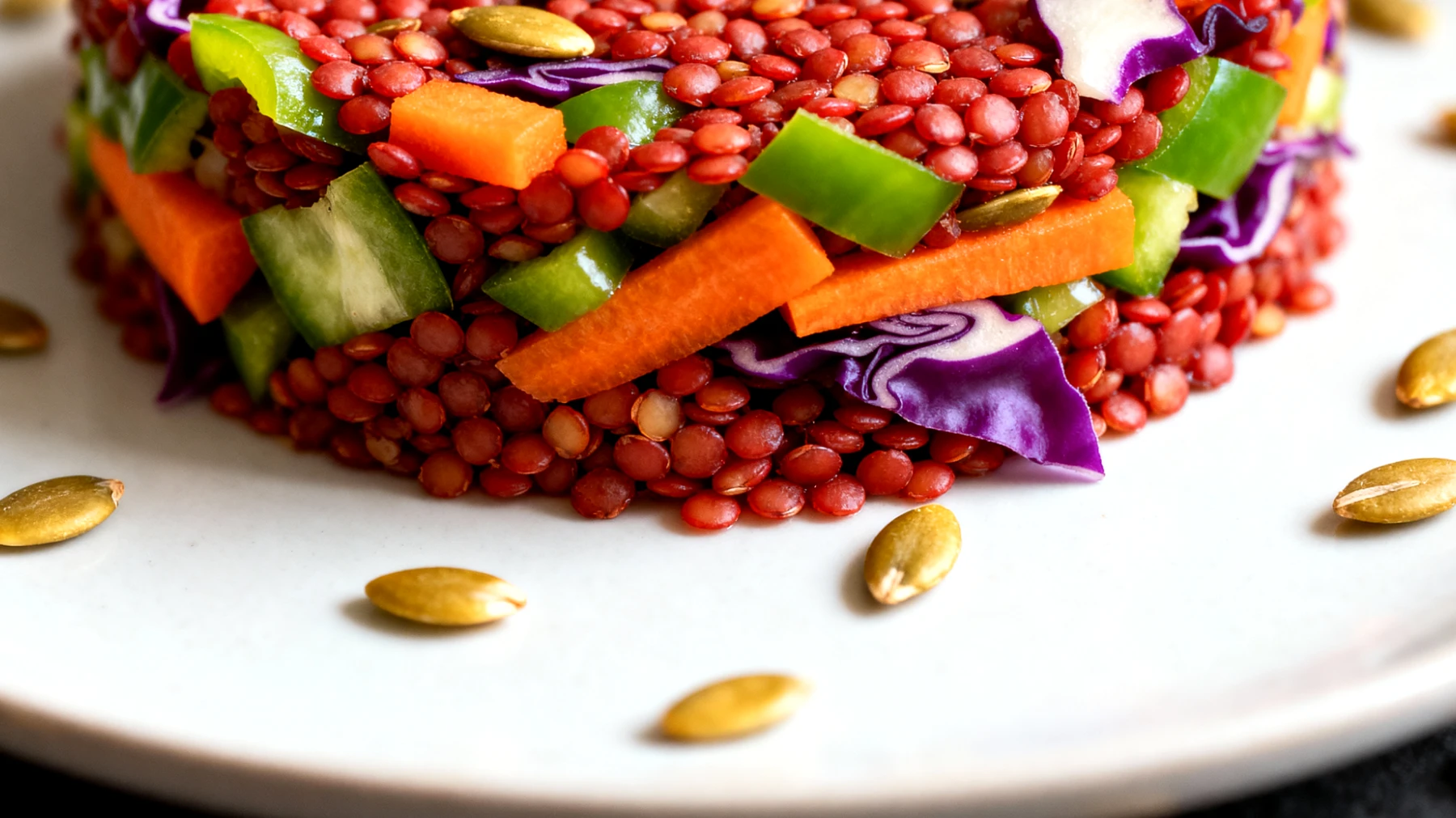 Insalata di lenticchie rosse decorticate con verdure croccanti e semi di zucca"