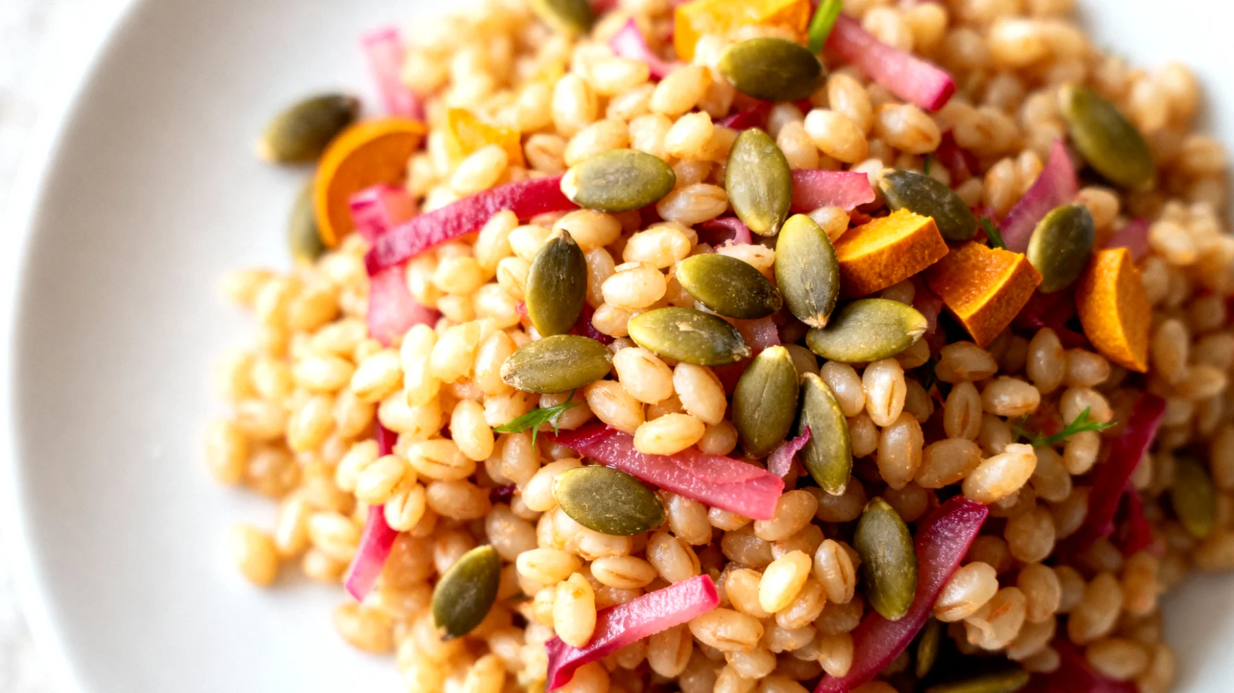 Insalata di orzo perlato con verdure fermentate e semi di zucca"