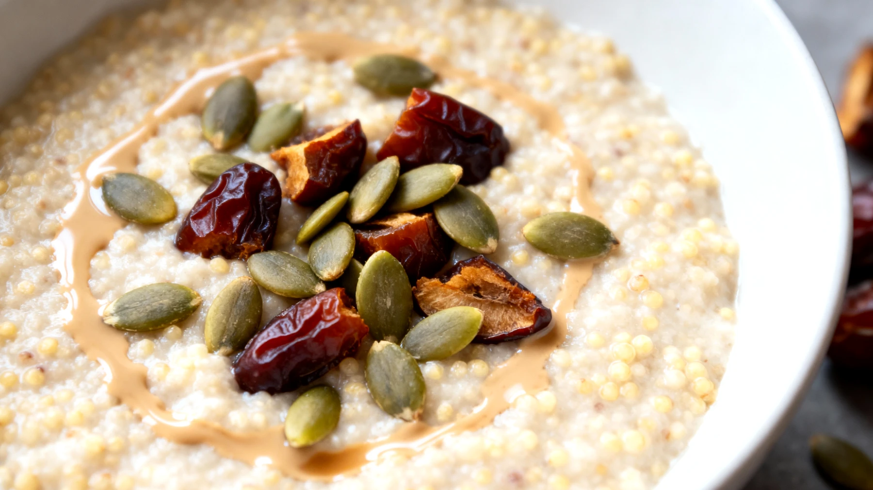 Porridge di miglio con semi di zucca, datteri e tahini"