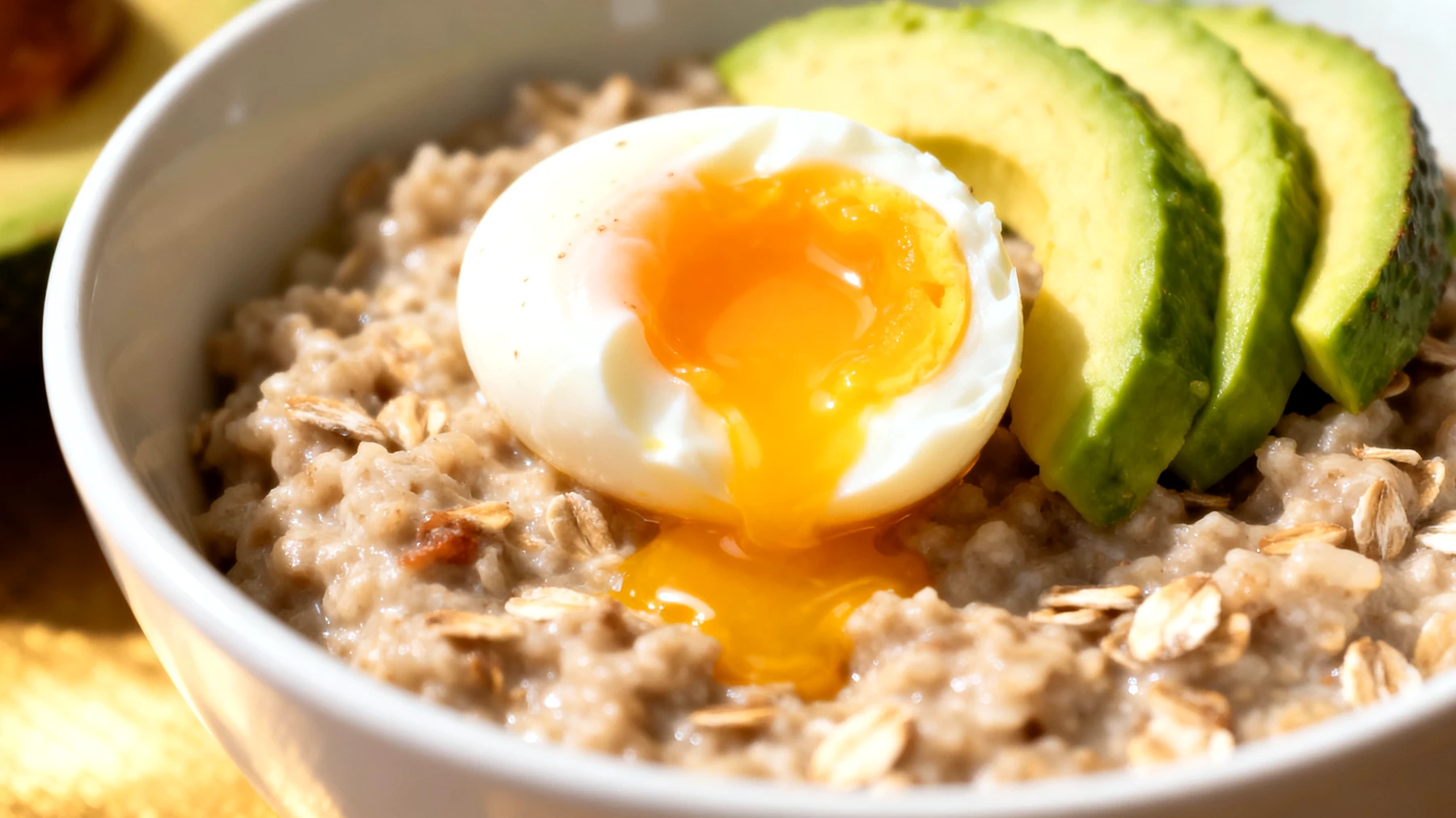Porridge salato con avena, uova e avocado"