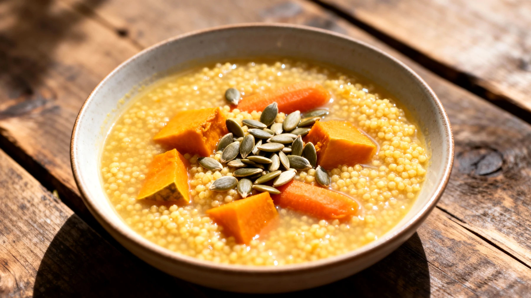 Zuppa di miglio con carote, zucca e semi di girasole"