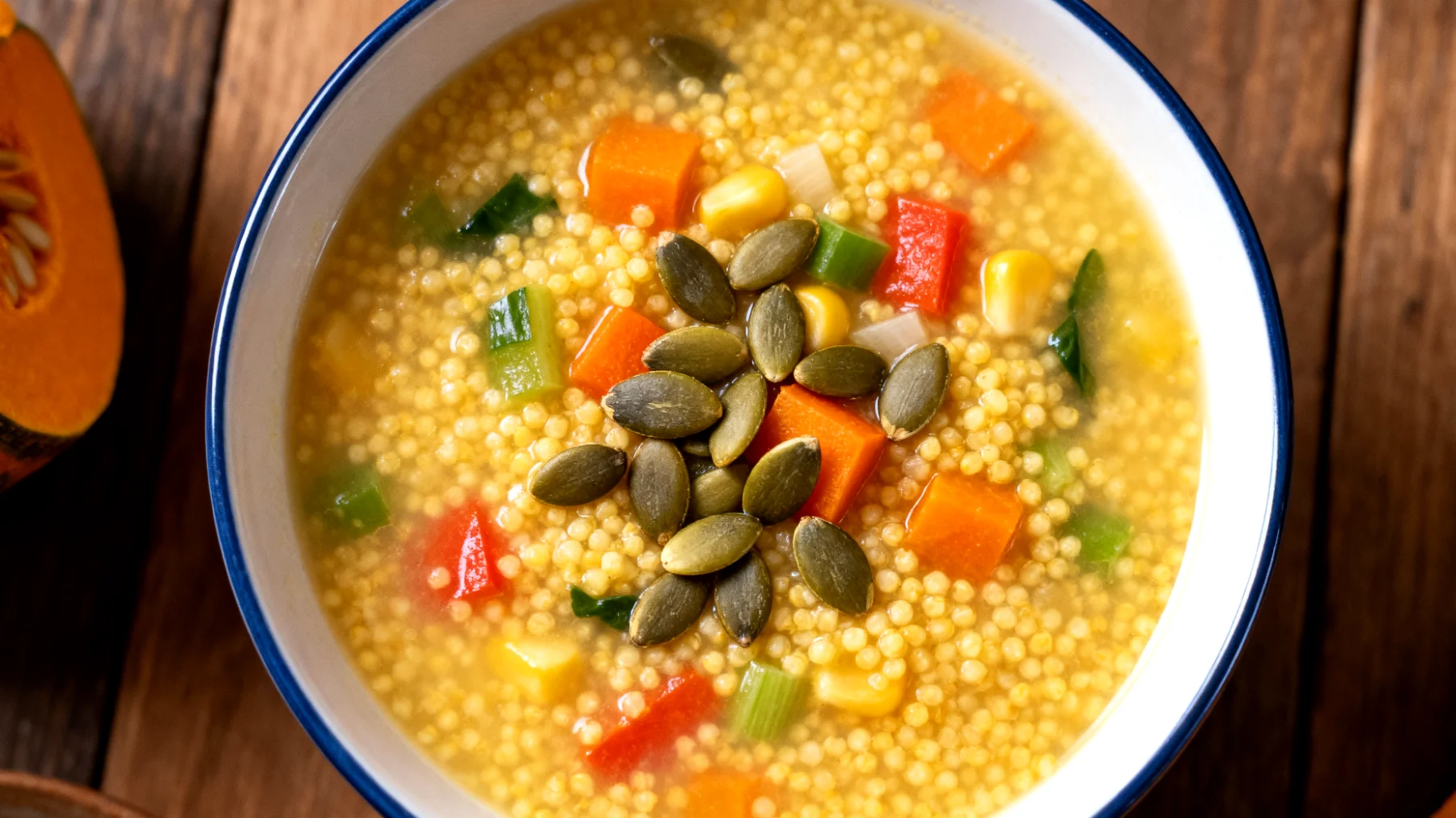 Zuppa di miglio con verdure e semi di zucca"