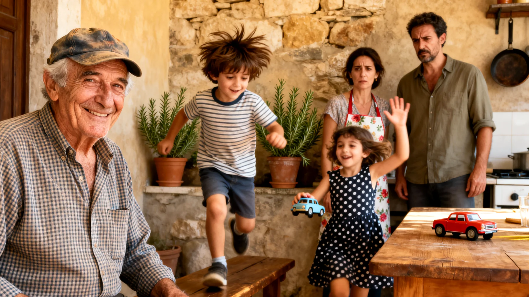 Il nonno fatica a far rispettare le regole e i limiti ai nipoti bambini, creando tensioni con i genitori che lo accusano di essere troppo permissivo e di minare la loro autorità educativa"