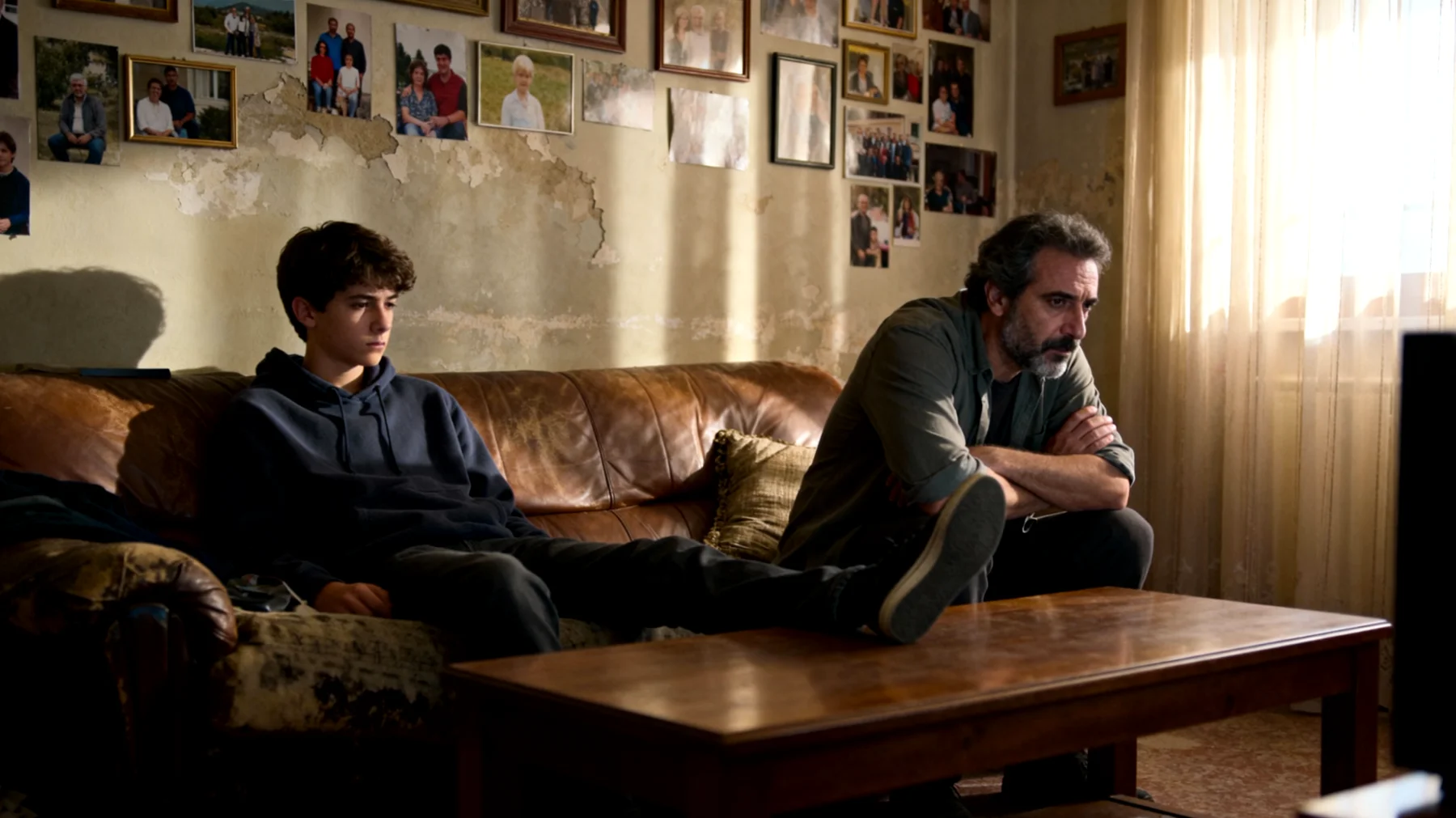 Papà che fatica a sostenere il figlio adolescente nei cambiamenti fisici, emotivi e sociali tipici della pubertà, con difficoltà nel mantenere un dialogo aperto durante questa fase di transizione"