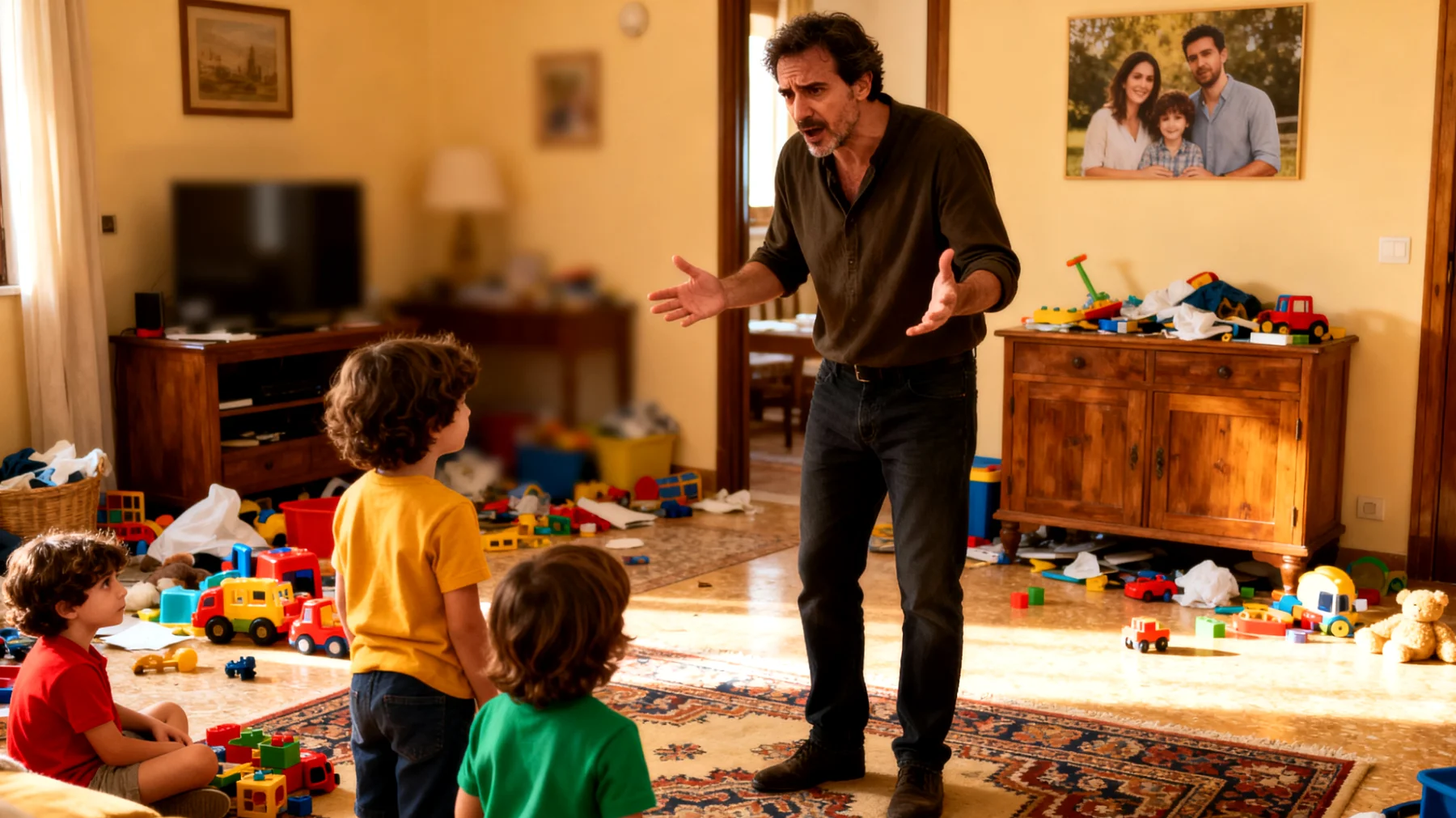 Un papà fatica a coinvolgere i suoi bambini nelle attività quotidiane domestiche: non vogliono mettere a posto i giochi, riordinare la cameretta o collaborare durante i pasti, creando tensioni e frustrazione nella routine familiare."