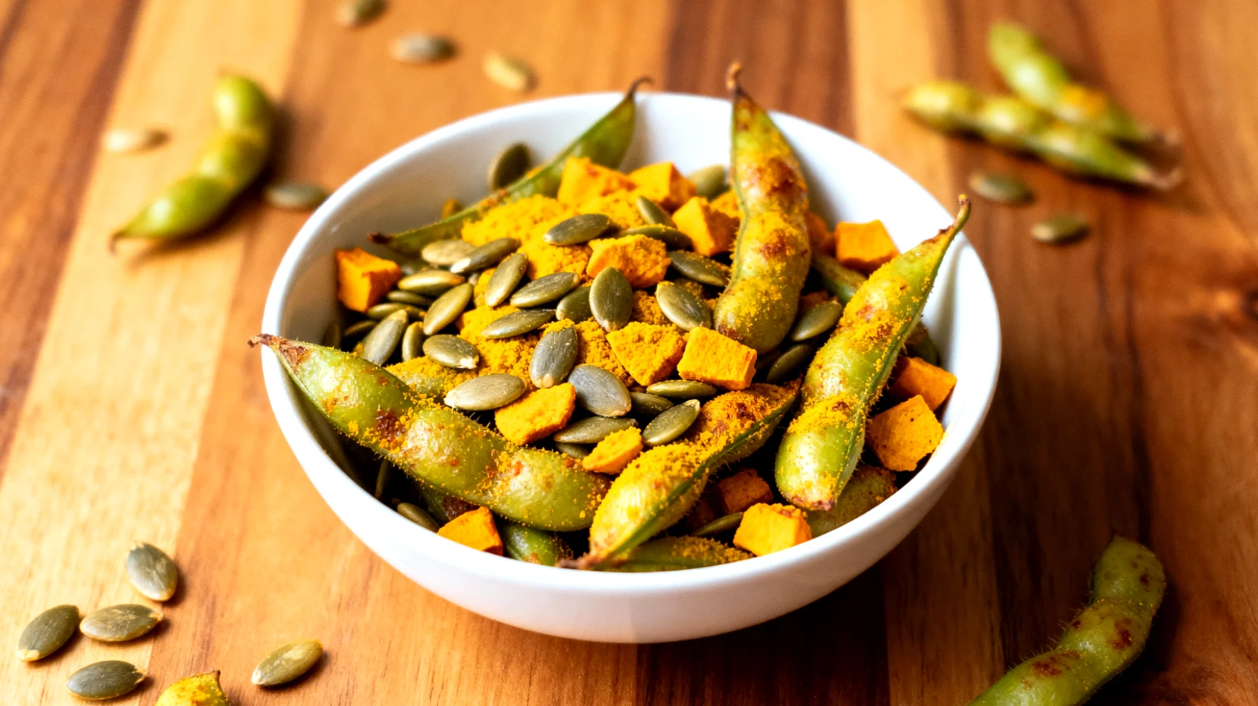Edamame tostati con semi di zucca e curcuma"