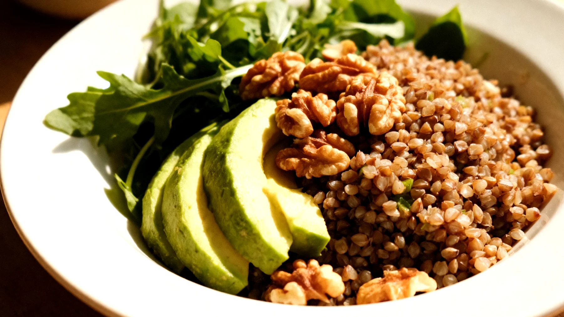Insalata di grano saraceno con avocado, noci e verdure a foglia verde"