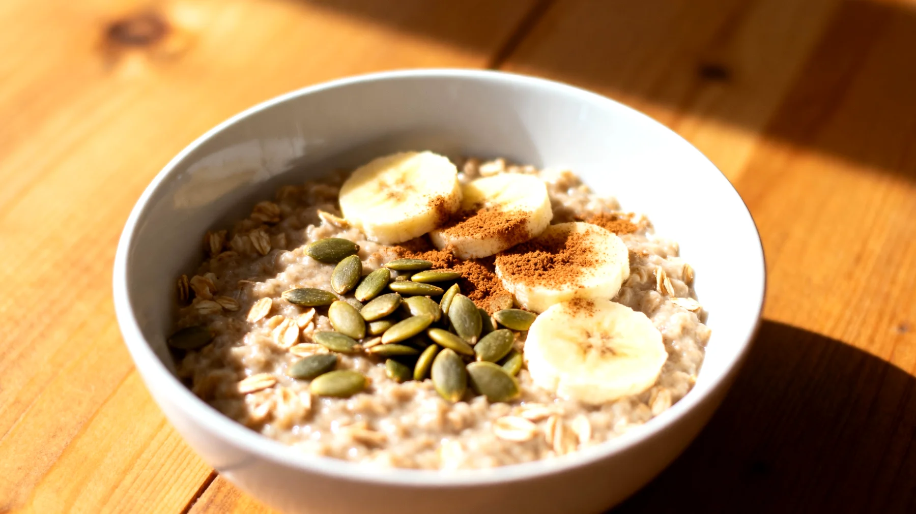 Porridge di avena con semi di zucca, banana e cannella"