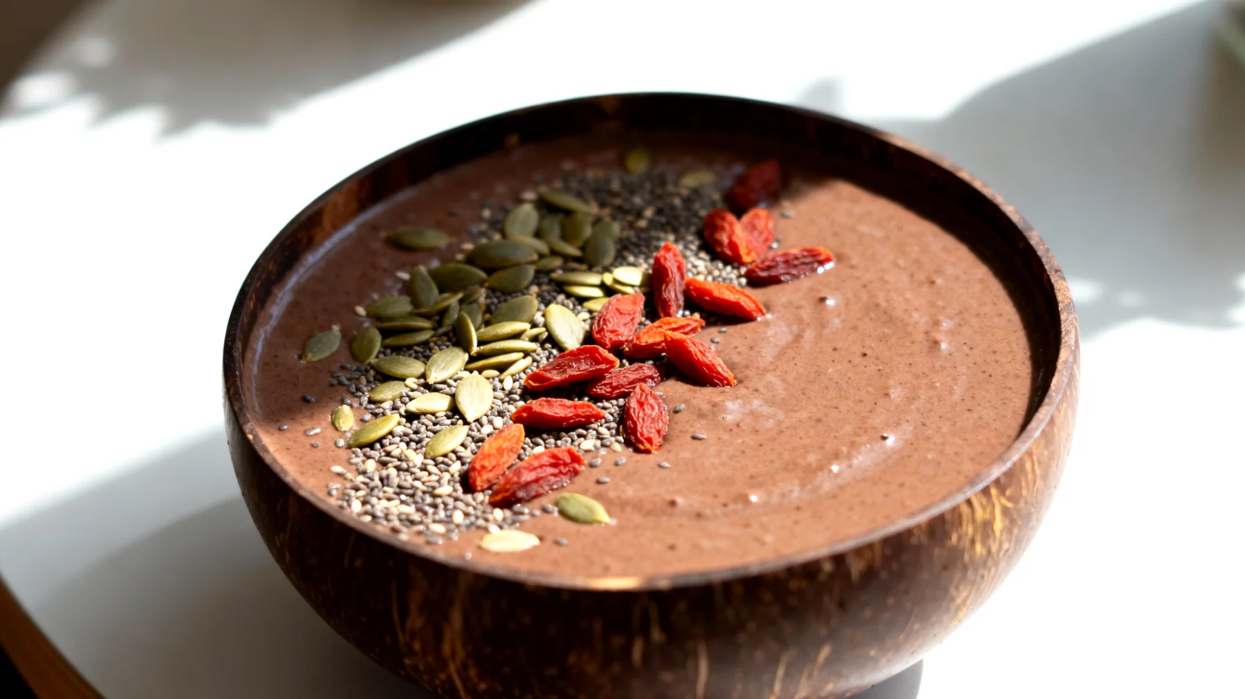 Smoothie bowl al cacao crudo con semi di canapa e bacche di goji"