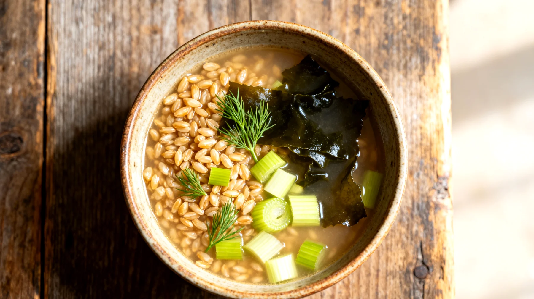 Zuppa di farro con finocchio, sedano e alghe wakame"