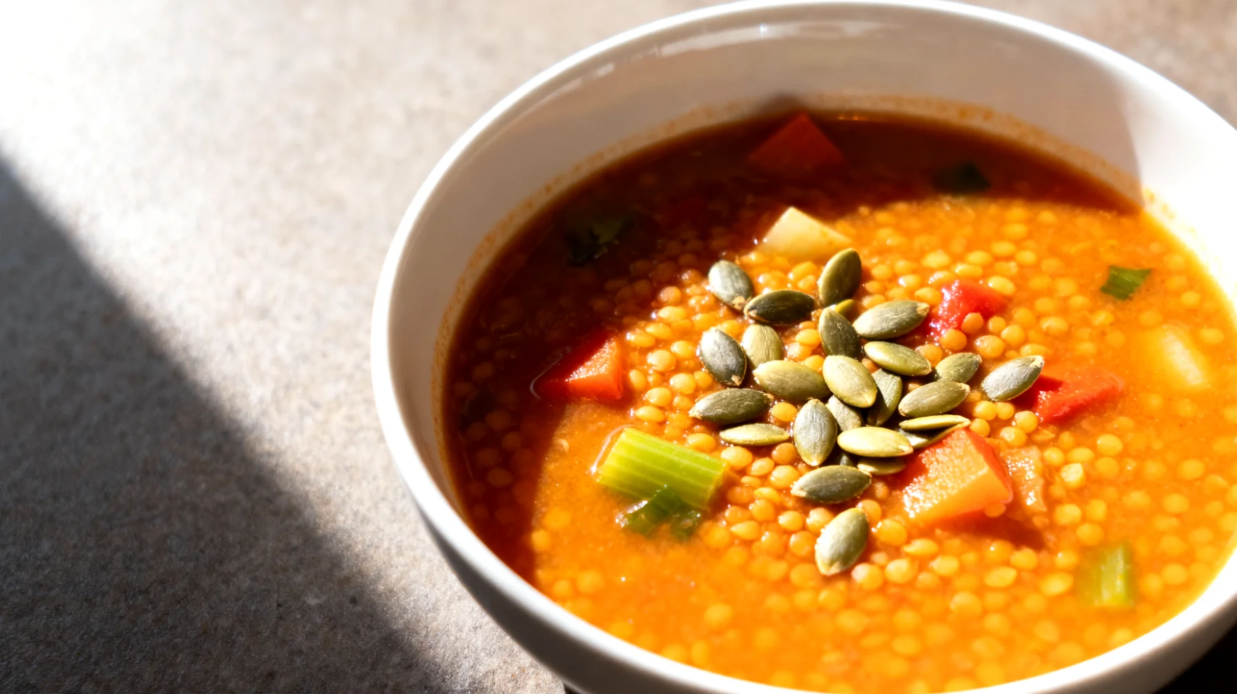 Zuppa di lenticchie rosse decorticate con verdure e semi di zucca"