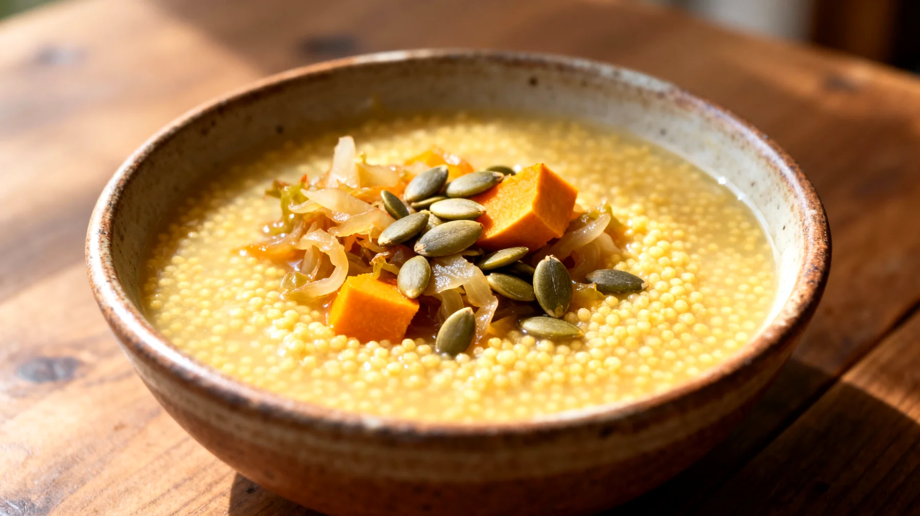 Zuppa di miglio con verdure fermentate e semi di zucca"