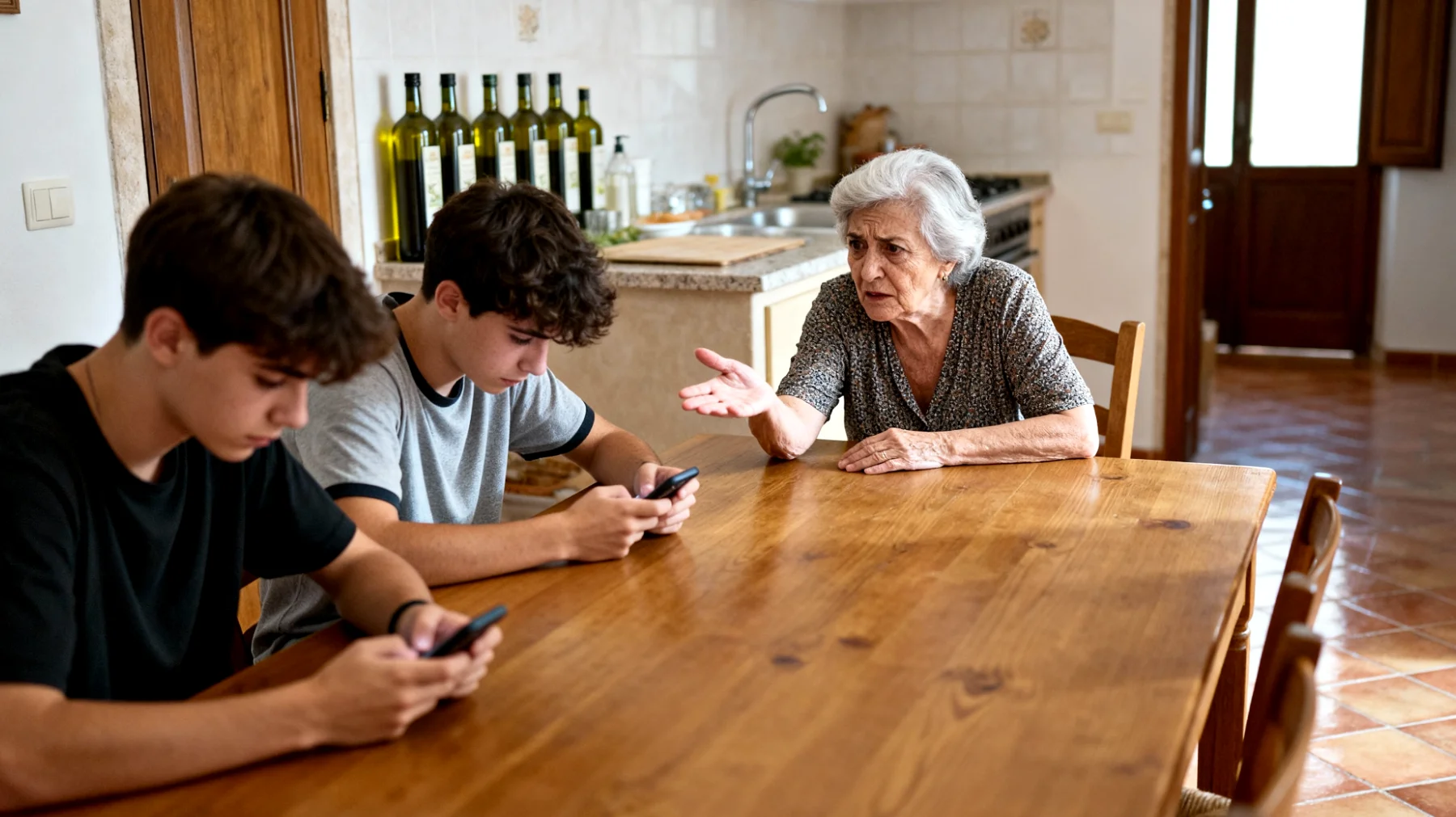 Nonna che fatica a instaurare un dialogo emotivamente profondo con i nipoti giovani adulti, percependo distanza affettiva e conversazioni superficiali che non permettono di esprimere affetto e preoccupazioni"