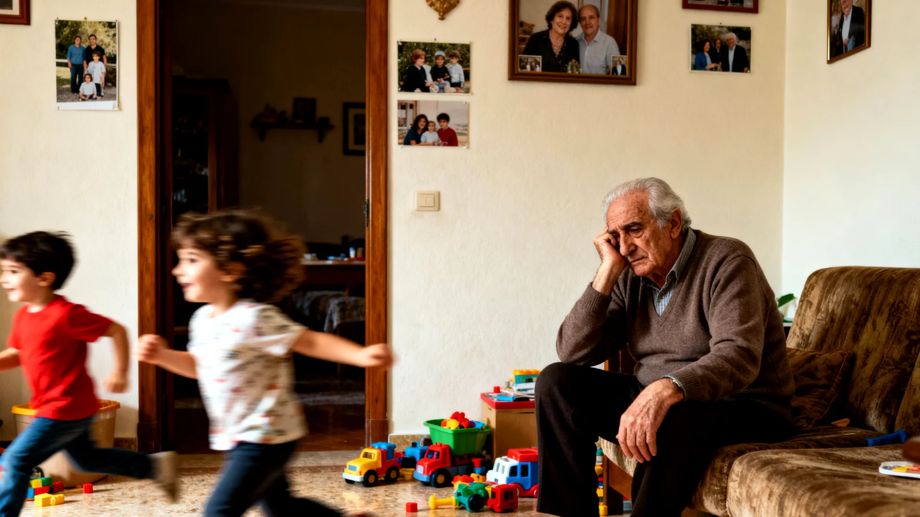 Il nonno fatica a gestire l'impulsività e i comportamenti oppositivi dei nipoti bambini durante il tempo trascorso insieme, sentendosi sopraffatto dalle loro reazioni ribelli e dalla difficoltà nel farsi ascoltare senza entrare in conflitto"