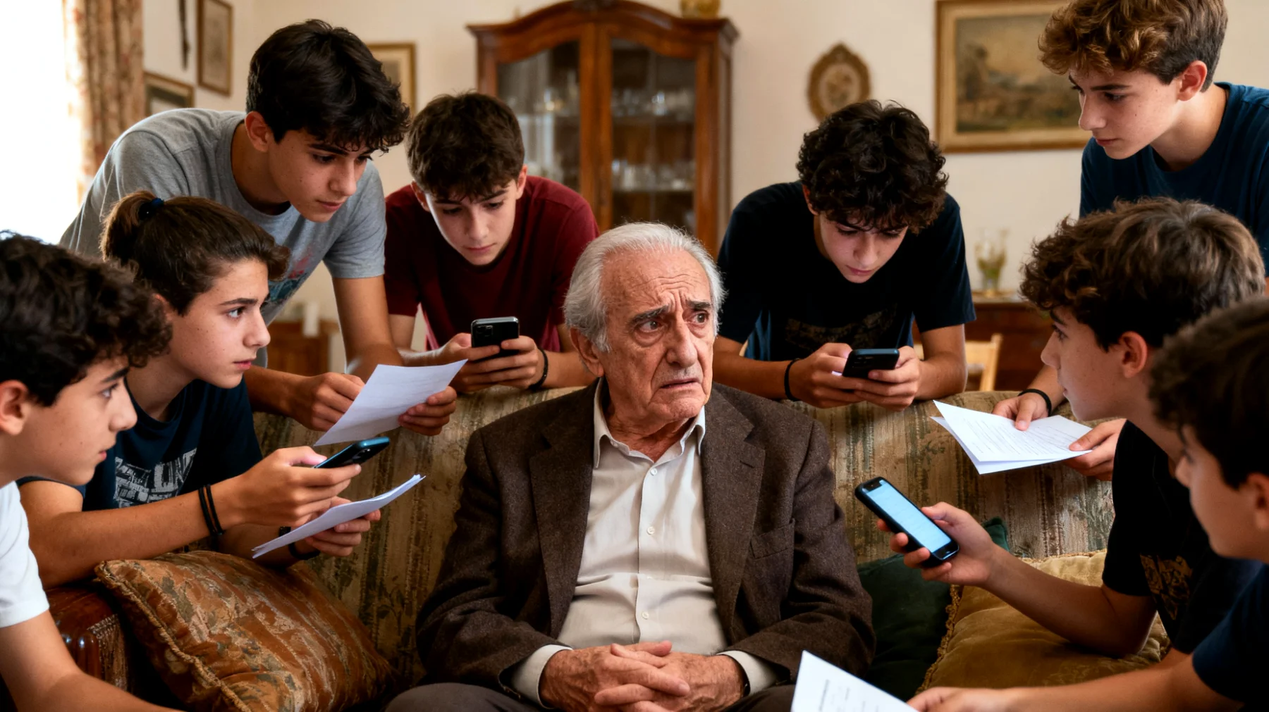Il nonno si trova in difficoltà perché i nipoti adolescenti dipendono eccessivamente da lui per ogni decisione, consiglio o supporto emotivo, facendo fatica a sviluppare autonomia e capacità di affrontare le sfide tipiche della loro età senza il suo costante intervento."